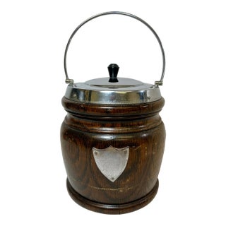 Vintage Oak Biscuit Jar /Ice Bucket With Chrome Trim and Ceramic Lining Made in England - Circa 1940 For Sale
