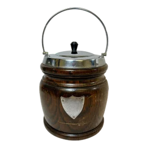 Vintage Oak Biscuit Jar /Ice Bucket With Chrome Trim and Ceramic Lining Made in England - Circa 1940