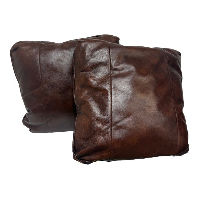 Vintage Distressed Leather Square Accent Throw Pillow Covers (Set of 2) 20"x20" For Sale