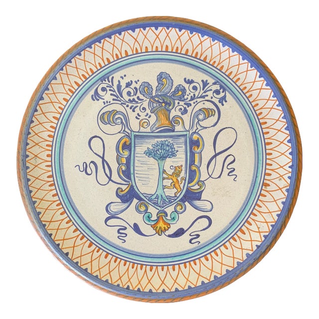 Italian Provincial Deruta Hand Painted Faience Pottery Wall Plate With Armorial Crest For Sale