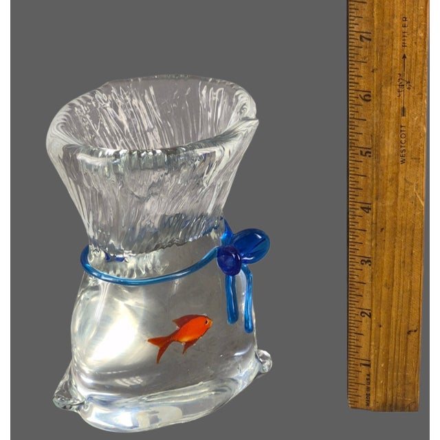 Blue Vintage Murano Fish Inside Bag Blue Ribbon Art Glass Paperweight Trinket Holder Desk Art Original Label For Sale - Image 8 of 11