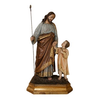 Large Religious Statue of Saint Joseph and the Baby Jesus in Polychrome Terracotta and Gilded Wood For Sale