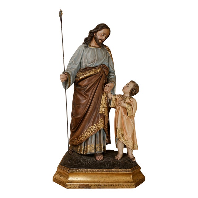 Large Religious Statue of Saint Joseph and the Baby Jesus in Polychrome Terracotta and Gilded Wood For Sale