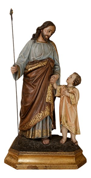 Large Religious Statue of Saint Joseph and the Baby Jesus in Polychrome Terracotta and Gilded Wood