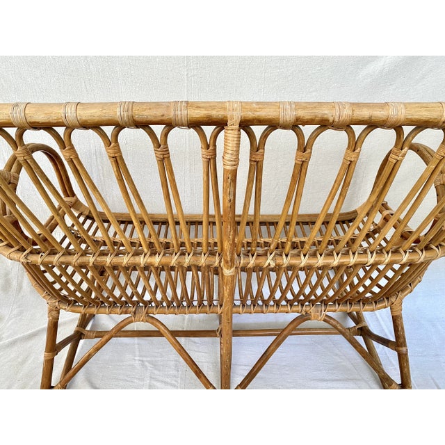 Burnt Umber Mid-Century French Bamboo & Rattan Settee Bench For Sale - Image 8 of 9
