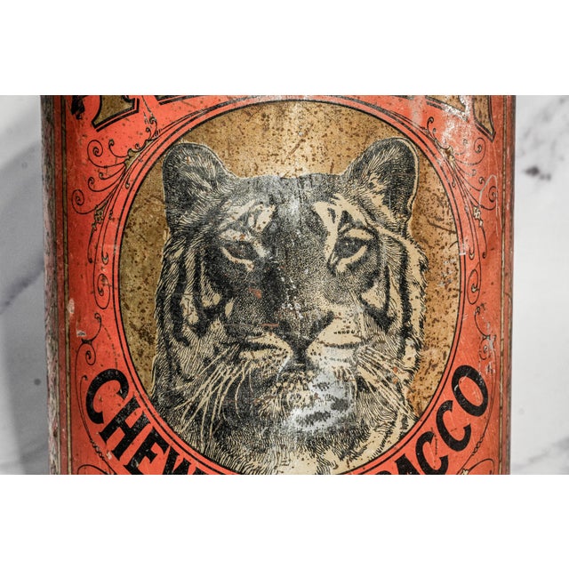 American Neat Large Antique Tiger Chewing Tobacco Tin Country Store Advertising Display Can Americana Tobacciana General Store Home Decor For Sale - Image 3 of 16