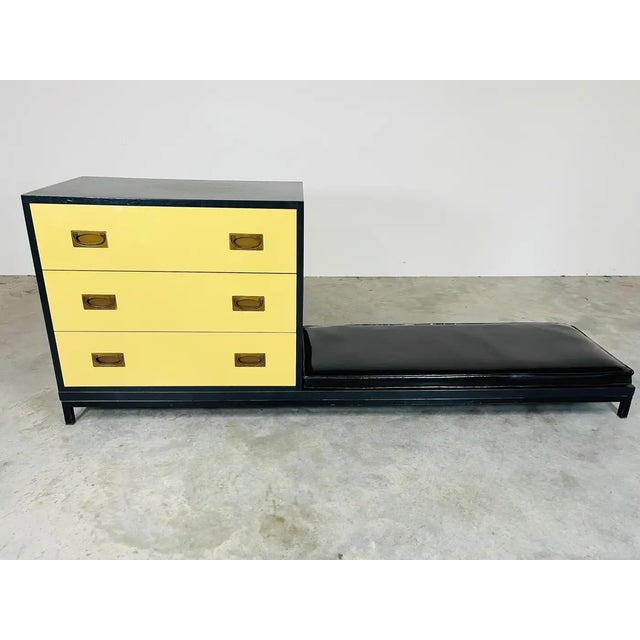 Campaign Renzo Rutili Style Yellow and Black Campaign Chest of Drawers With Low Bench For Sale - Image 3 of 10
