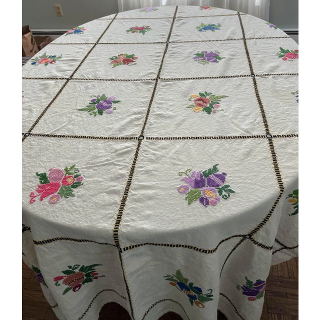 Antique Finely Hand Embroidered Flowers Linen Tablecloth. Rectangle approximate 59 x 101 inches. Flowers are beautifully...
