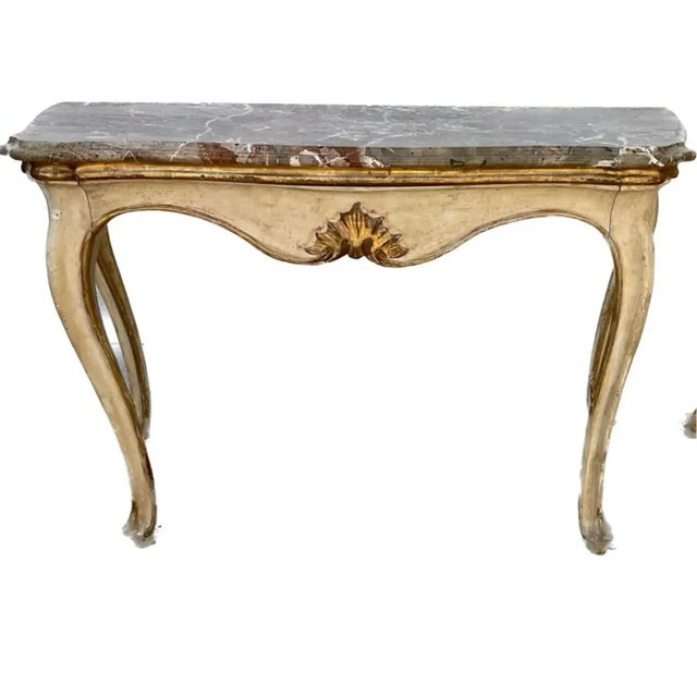 Pair of 19th Century Italian Painted and Gilt Marble-Top Console Tables For Sale In Tampa - Image 6 of 11