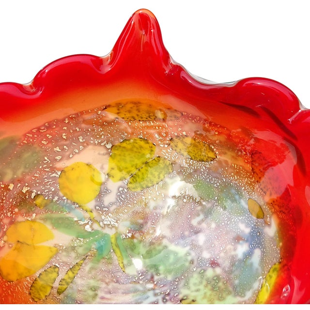 Glass Murano Vintage Red Orange Yellow Silver Flecks Green Italian Art Glass Seashell Centerpiece Bowl For Sale - Image 7 of 10