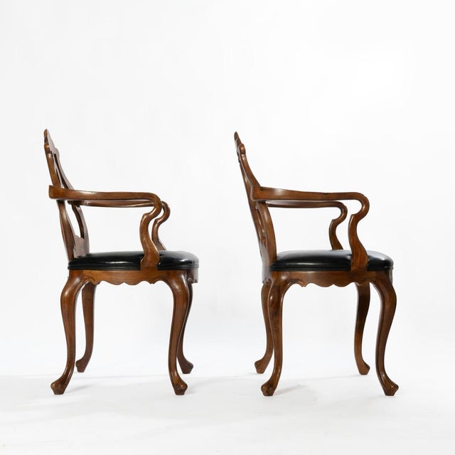Pair of Italian Walnut Venetian Rococo Style Leather Armchairs For Sale - Image 6 of 9