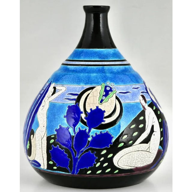 Art Deco vase ceramic bathing nudes Baigneuses. Longwy Primavera Art Deco vase with nudes in a landscape in shades of...