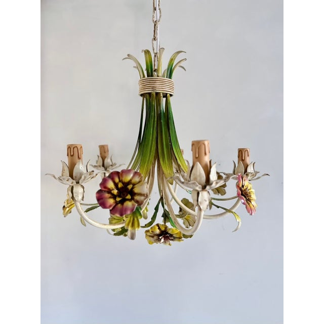 French Tole Inverted Floral Bouquet Chandelier with Five Lights, 1945 For Sale - Image 17 of 18
