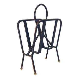 Magazine Stand in Stitched Blue Leather by Jacques Adnet, France, 1950s For Sale