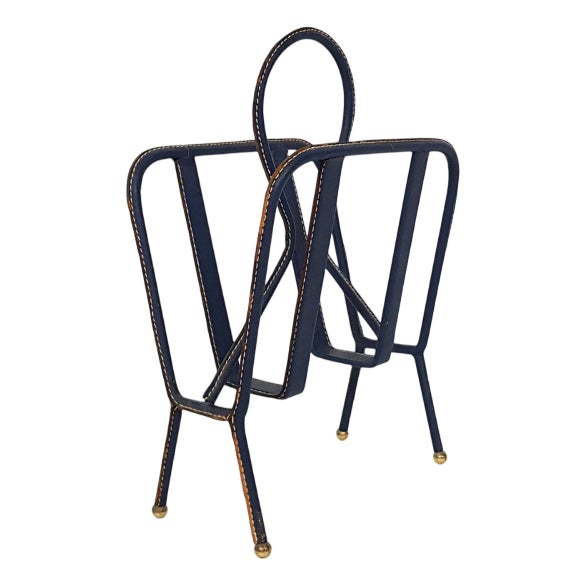 Magazine Stand in Stitched Blue Leather by Jacques Adnet, France, 1950s For Sale