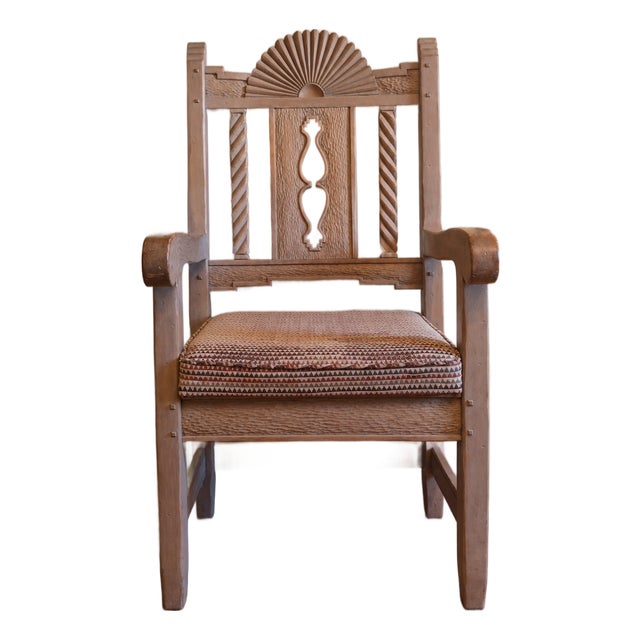 Late 20th Century Ernest Thompson Santa Fe Style - Southwest Carved Wood Armchair With Sunburst Back For Sale