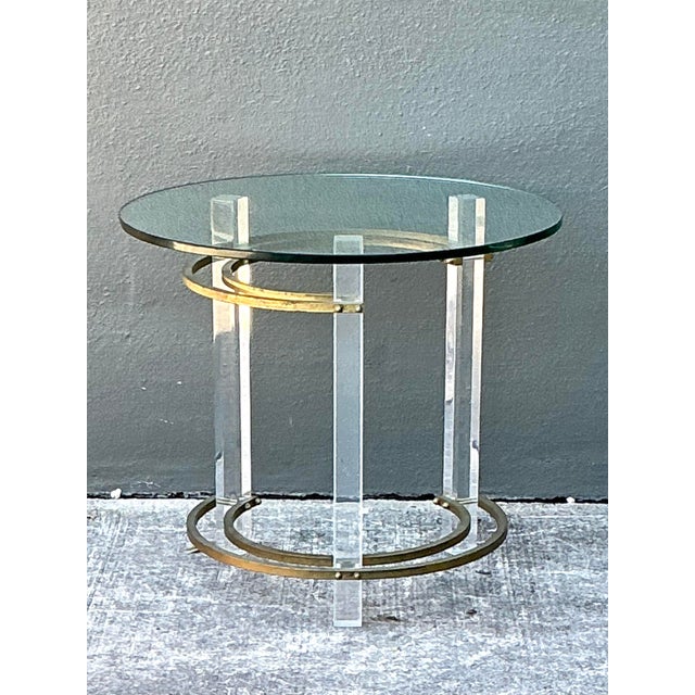 Mid-Century Modern Vintage Charles Hollis Jones Lucite and Brass Ring Side Table For Sale - Image 3 of 12