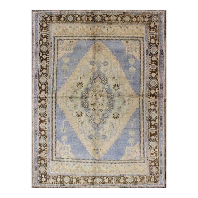 Mid 20th Century Light Purple and Cream Vintage Turkish Oushak Rug With Medallion Design For Sale