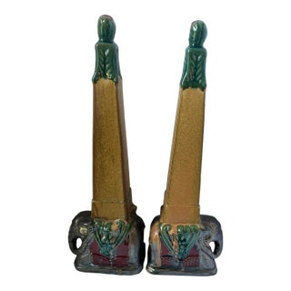 Pair of Late 20th Century Glazed Ceramic Painted Elephant Sculpture Obelisk Figurines For Sale