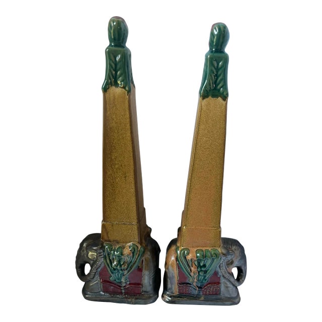 Pair of Late 20th Century Glazed Ceramic Painted Elephant Sculpture Obelisk Figurines For Sale
