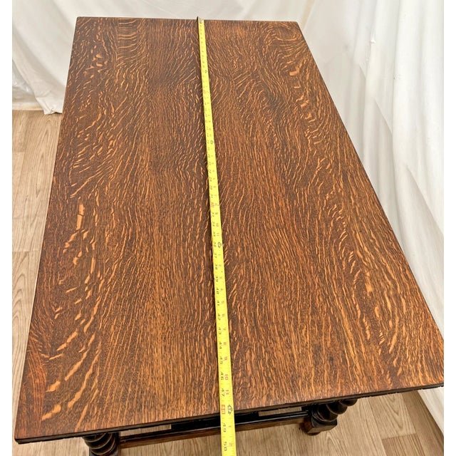 Antique Barley-Twist Tiger Oak Library Desk Writing Table Jacobean Revival Shelf For Sale - Image 12 of 13