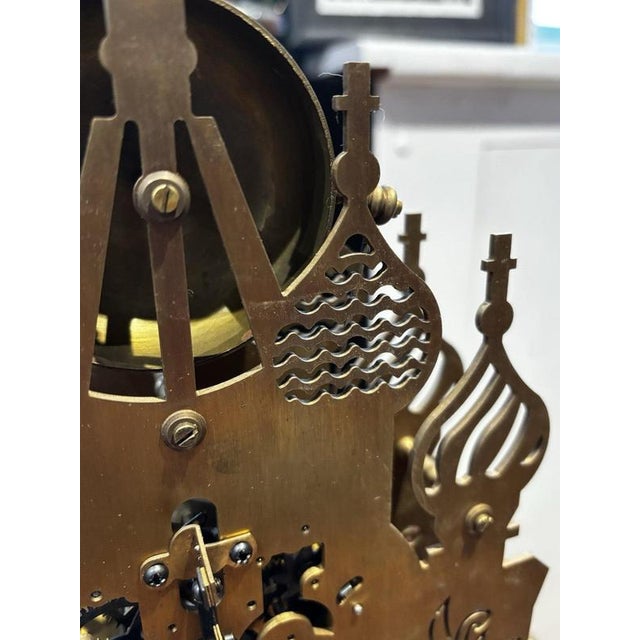 Large Architectural Brass Cathedral Skeleton Clock with Case and Key For Sale - Image 17 of 18