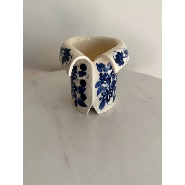 Early 21st Century Signed Studio Pottery Figural Jacket Vase – Blue & White Floral Ceramic Sculpture – Artisan Vessel For Sale - Image 5 of 10