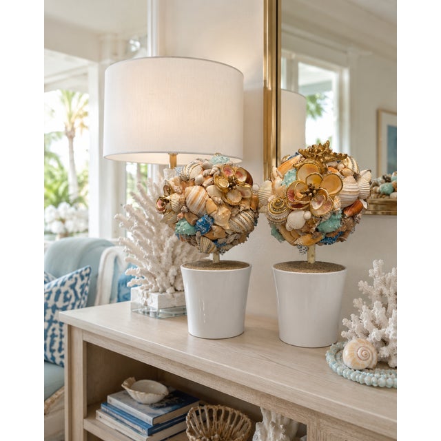 Pair Of Handmade Seashell Coral Coastal Topiaries In White Ceramic Pots Kindly note photo number two (2) is a digital...