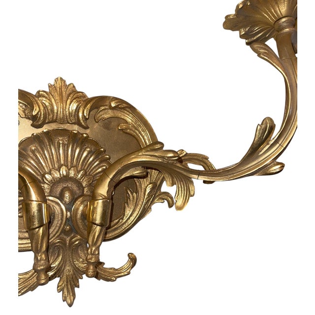 Mid 20th Century Pair of French Gilt Bronze Louis XV Style Two-Light Wall Sconces For Sale In Los Angeles - Image 6 of 9