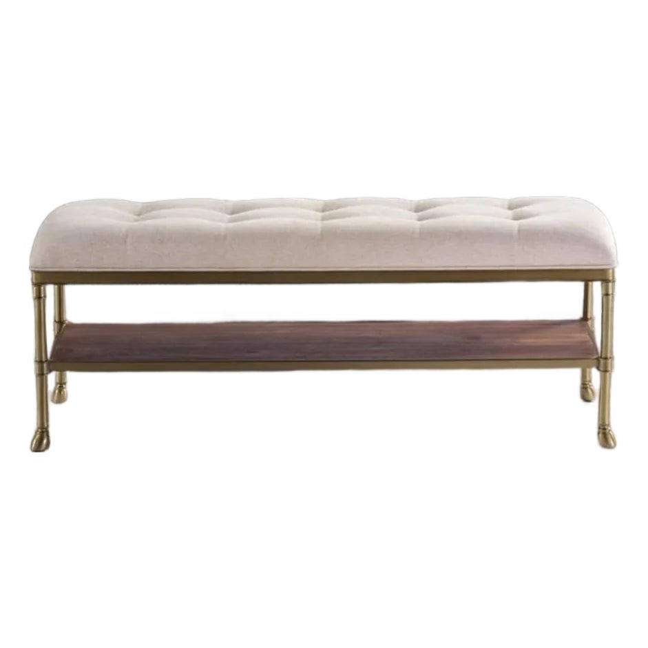 Modern Steel, Wood and Tufted Linen Upholstered Tiered Bench | Chairish