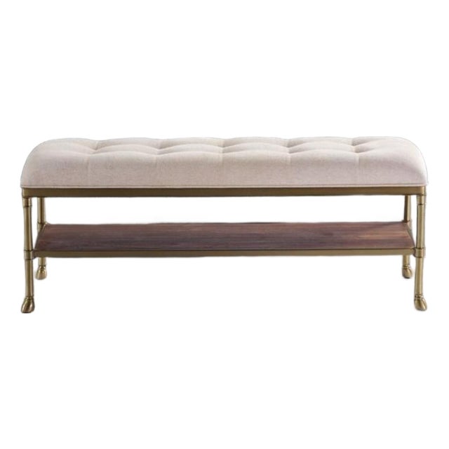 Modern Steel, Wood and Tufted Linen Upholstered Tiered Bench For Sale