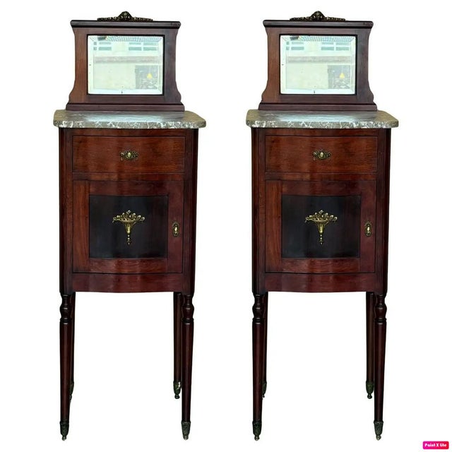 Art Nouveau Mahogany Nightstands with Crest Marble Top, 1900s, Set of 2 For Sale - Image 11 of 11