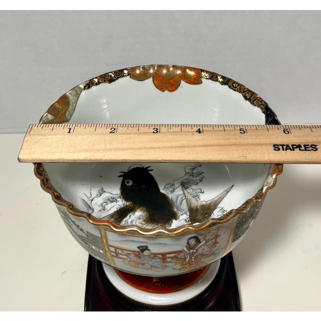 Antique Meiji Period Japanese Kutani Polychrome Porcelain Stem Cup Footed Bowl For Sale In Los Angeles - Image 6 of 7