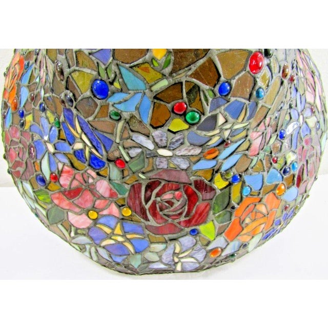 Vintage Tiffany Style Stained Glass Roses Poppies Cabochons Bell Lampshade For Sale - Image 11 of 18