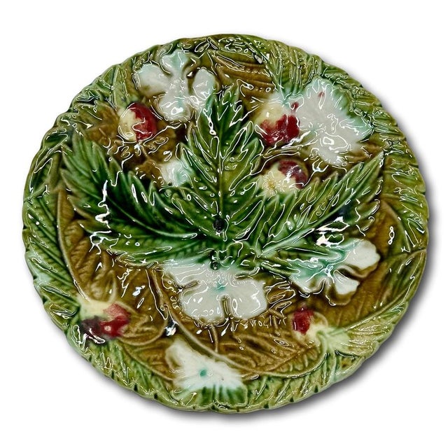 Beautiful Antique Victorian Majolica Dish With Bracket for Wall Plate Hanging Display Circa 1880s - Nice Colors For Sale - Image 10 of 17