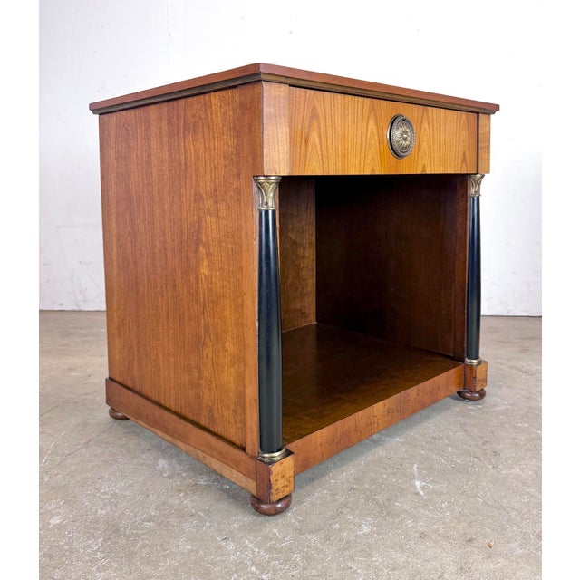 Wood A Pair of Baker Furniture French Empire Neoclassical Cherry, Brass & Ebonized Wood Nightstands, Circa 1960s For Sale - Image 7 of 12