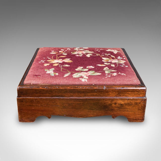 Antique Upholstered Footstool, English, Pitch Pine, Fireside Stool, Edwardian For Sale - Image 4 of 9