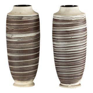 Late 20th Century Artisan Tall Ceramic Vase with Horizontal Striated Glaze, Sold Individually For Sale