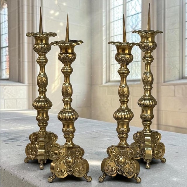 Created for a private French chapel in the late 17th to early 18th century, this rare set of four antique brass altar...