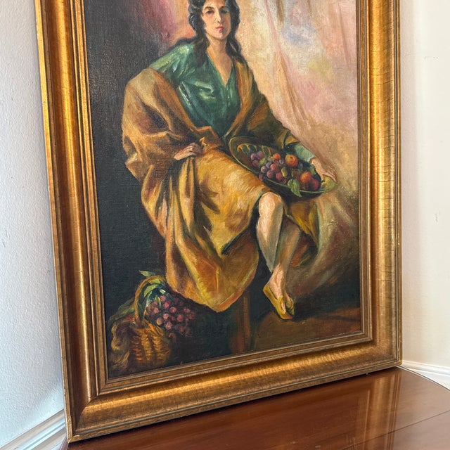 1970s Vintage Italian Style Oil Painting Lady With Fruit Still Life ~ Signed For Sale - Image 5 of 10