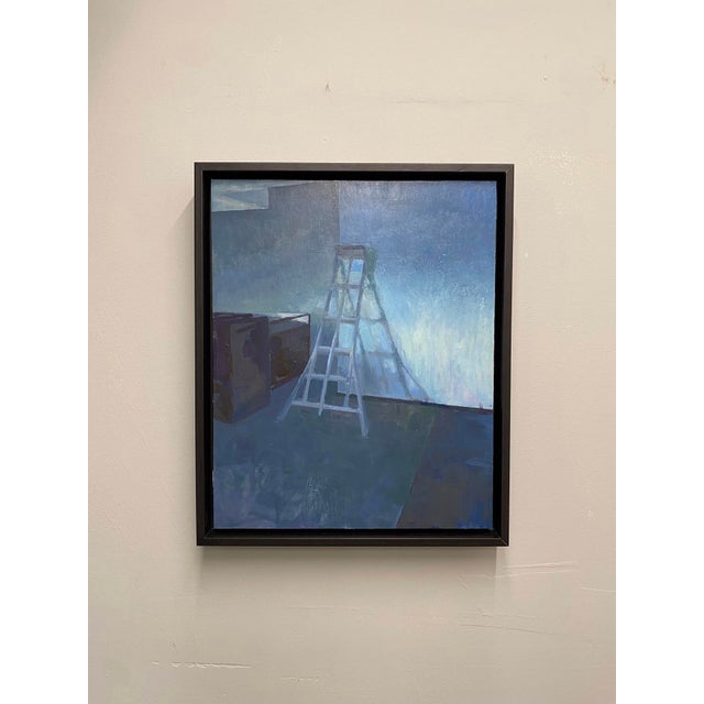 The painting depicts a serene interior space, illuminated by a cool, diffused light that creates a tranquil atmosphere. A...