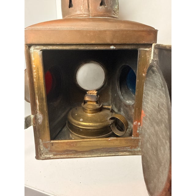 Brown Antique Brass Three-Lens Nautical Navigation Oil Lantern With Red Blue & Clear Lens For Sale - Image 8 of 12