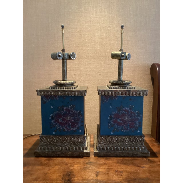 Vintage Chinoiserie Teal Floral & Gilt Architectural Table Lamps - a Pair For Sale - Image 4 of 12