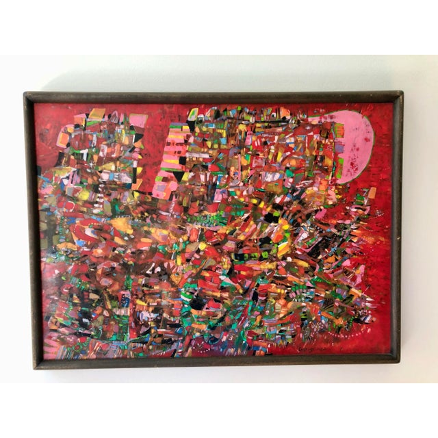 Pink Midcentury Red & Pink Abstract Expressionist Tempera on Masonite Painting by W. Georgenes, Signed For Sale - Image 8 of 9