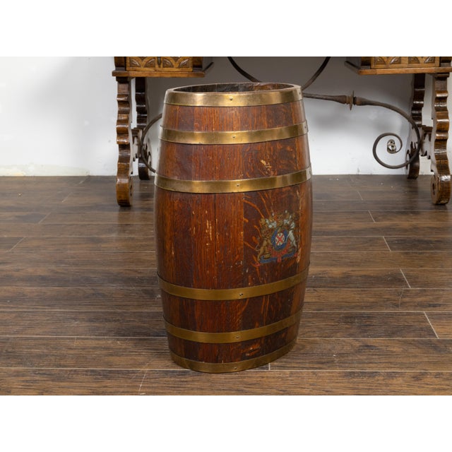 Wood English Victorian 19th Century Oval Barrel with Coat of Arms and Brass Braces For Sale - Image 7 of 12