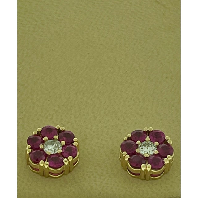 3 Carat Ruby & Diamond Floral Cluster Flower Stud Earrings 14 Karat Yellow Gold For Sale - Image 18 of 18