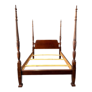 Vintage Banded Mahogany Queen Size Rice Carved Poster Bed
