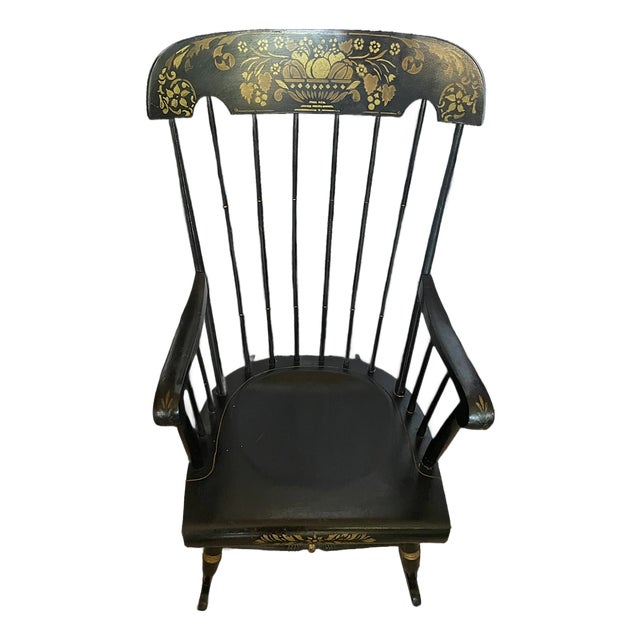 Nichols & Stone Black Stencilled Windsor Rocking Chair - Vintage Mid 20th Century - Made in Massachusetts For Sale