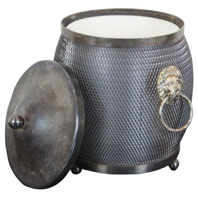 Vintage made in England biscuit barrel, tea caddy or small ice bucket made of metal mesh with shield accent (no monogram)...