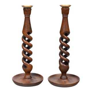 Tall Vintage English Oak Open Barley Twist Candlesticks - a Pair For Sale